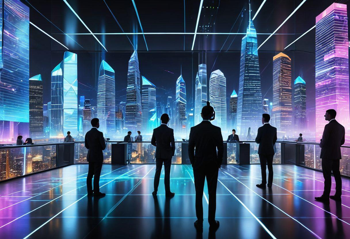A futuristic cityscape bustling with holographic interfaces and sleek skyscrapers, intricate data streams flowing between them. Professionals in smart attire collaborate through advanced AR headsets and multi-screen setups. A central figure highlights a tech consultant optimizing enterprise operations. Super-realistic, vibrant colors, high-tech aesthetic, detailed background.