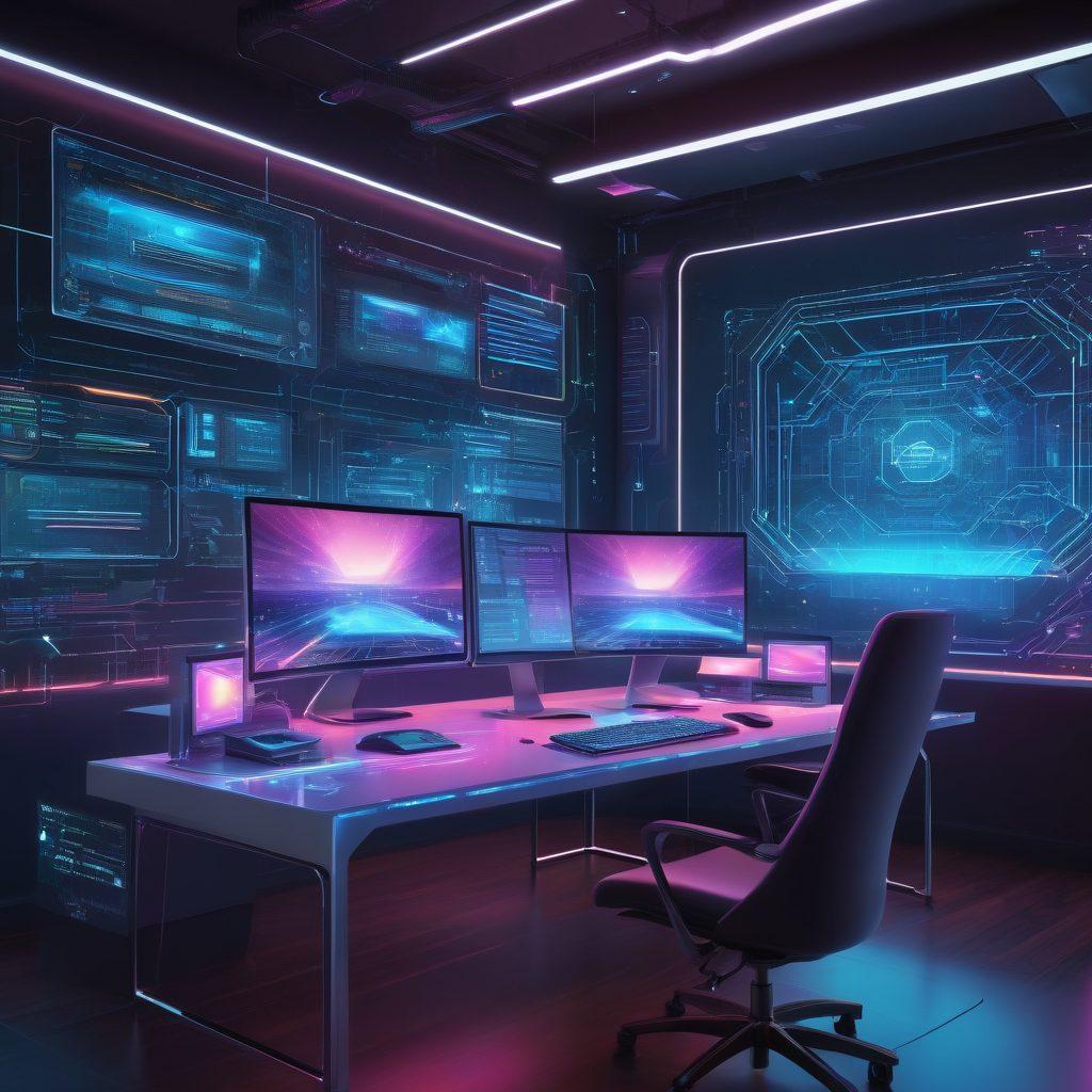 A futuristic workspace with holographic interfaces showing web design elements, a sleek developer's desk with multiple monitors displaying code, and innovative digital tools floating in the air. The background should include abstract circuits and neon elements to emphasize tech advancement. vector art. vibrant colors. futuristic style.