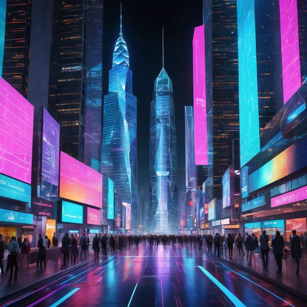 A futuristic cityscape with sleek skyscrapers glowing with digital billboards, where business professionals interact with holographic interfaces. Highlight cutting-edge tech gadgets such as augmented reality glasses, drones, and virtual assistants. Superimpose binary code and neon circuit patterns. vibrant colors. super-realistic.